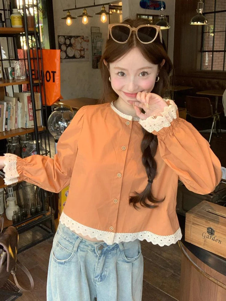 Women Spring Sweet Elegant Blouse O-Neck with Lace Patchwork