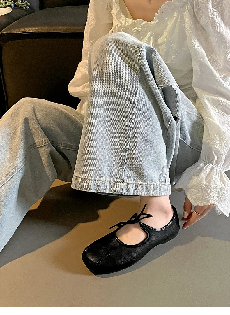 Soft Leather Ballet Flats with Butterfly Knot for Women