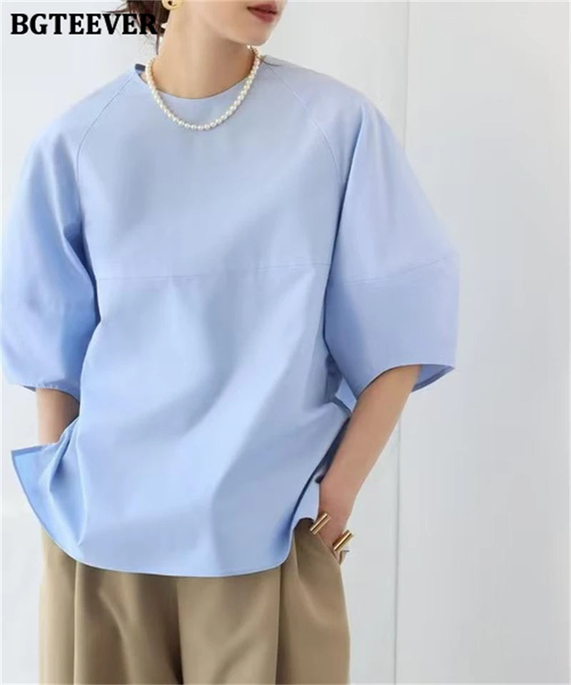BGTEEVER Casual Puff Sleeve Blouse | Summer O-Neck Loose Top