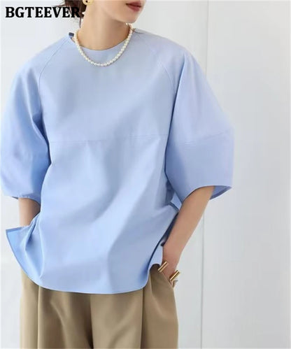 BGTEEVER Casual Puff Sleeve Blouse | Summer O-Neck Loose Top