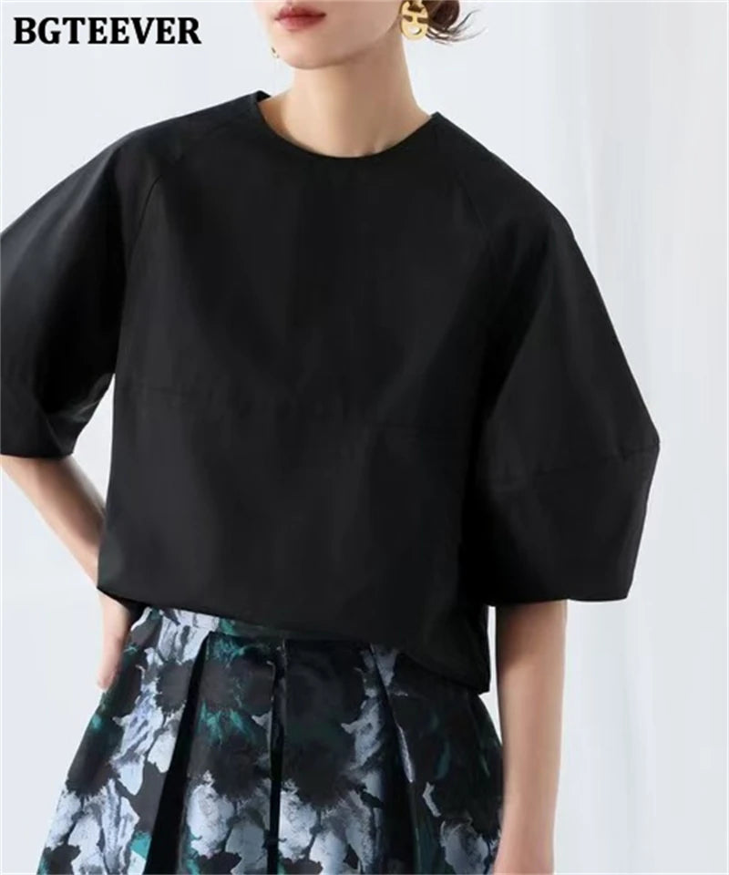 BGTEEVER Casual Puff Sleeve Blouse | Summer O-Neck Loose Top