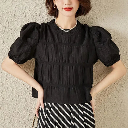Crew Neck Pullover Puff Short Sleeve Shirring T-shirt Office Lady Chic Tops