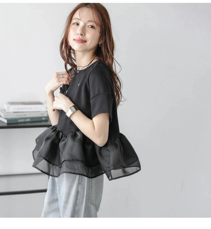 Japanese Style Short-Sleeved Ruffles Splicing T-Shirts