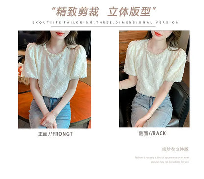 Kawaii French Bead Puff Short-Sleeved Chiffon Shirt
