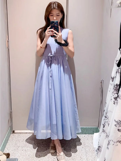 Kuzuwata Simple Knit Patchwork Sleeveless Lace Up Slim Waist Robe Dress with an Elegant Japanese Chiffon