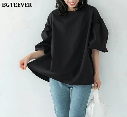 BGTEEVER Vintage Puff Sleeve Blouse | Spring Summer Lace-Up