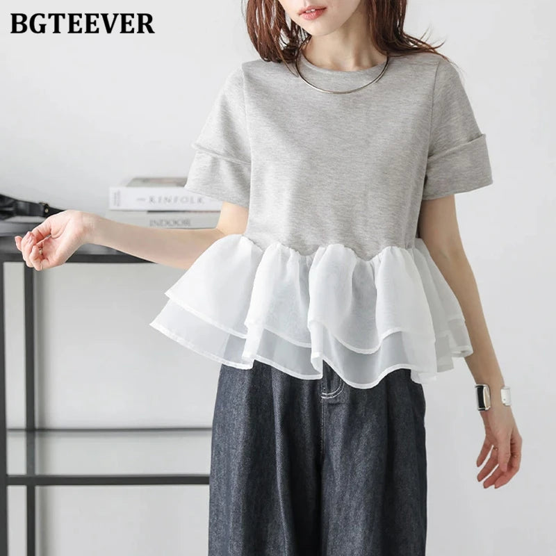 Japanese Style Short-Sleeved Ruffles Splicing T-Shirts