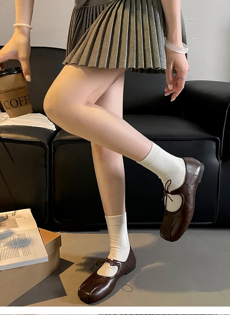 Soft Leather Ballet Flats with Butterfly Knot for Women