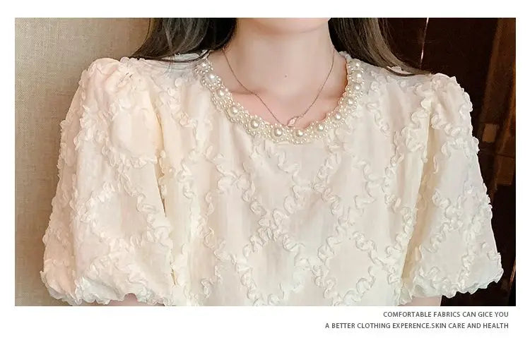 Kawaii French Bead Puff Short-Sleeved Chiffon Shirt