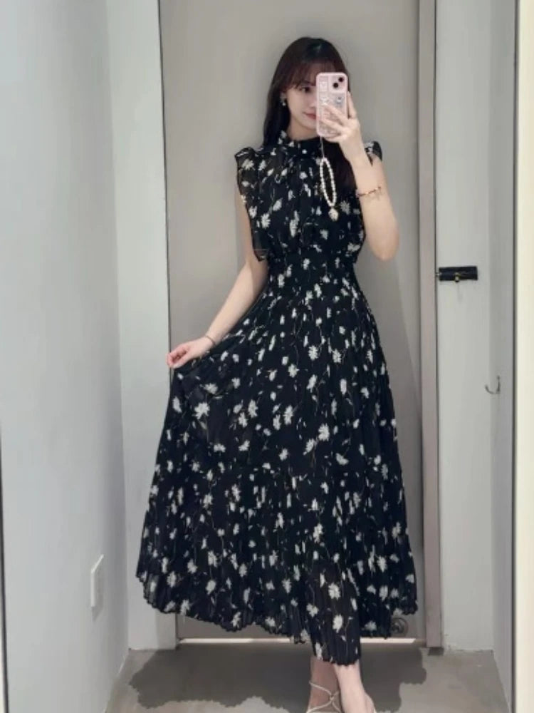 Kuzuwata Print High Waist Robe New Gentle Literary Lace Up Pleated Slim Japanese Elegant Dress