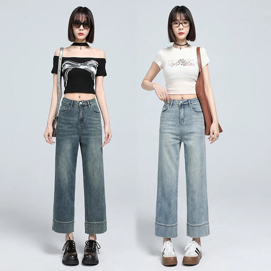 Stylish High-Waist Cropped Stretch Straight Jeans