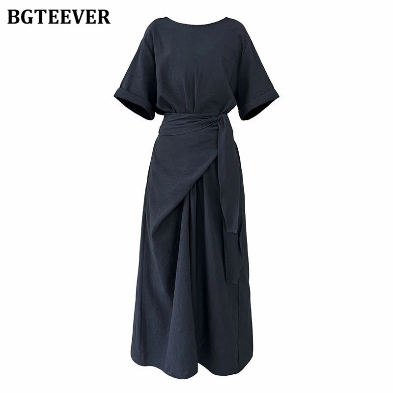 BGTEEVER Summer A-Line Dress | Slim Waist O-Neck Mid-Length