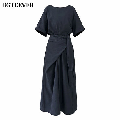 BGTEEVER Summer A-Line Dress | Slim Waist O-Neck Mid-Length