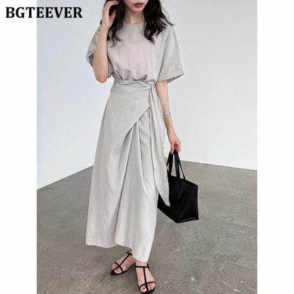 BGTEEVER Summer A-Line Dress | Slim Waist O-Neck Mid-Length