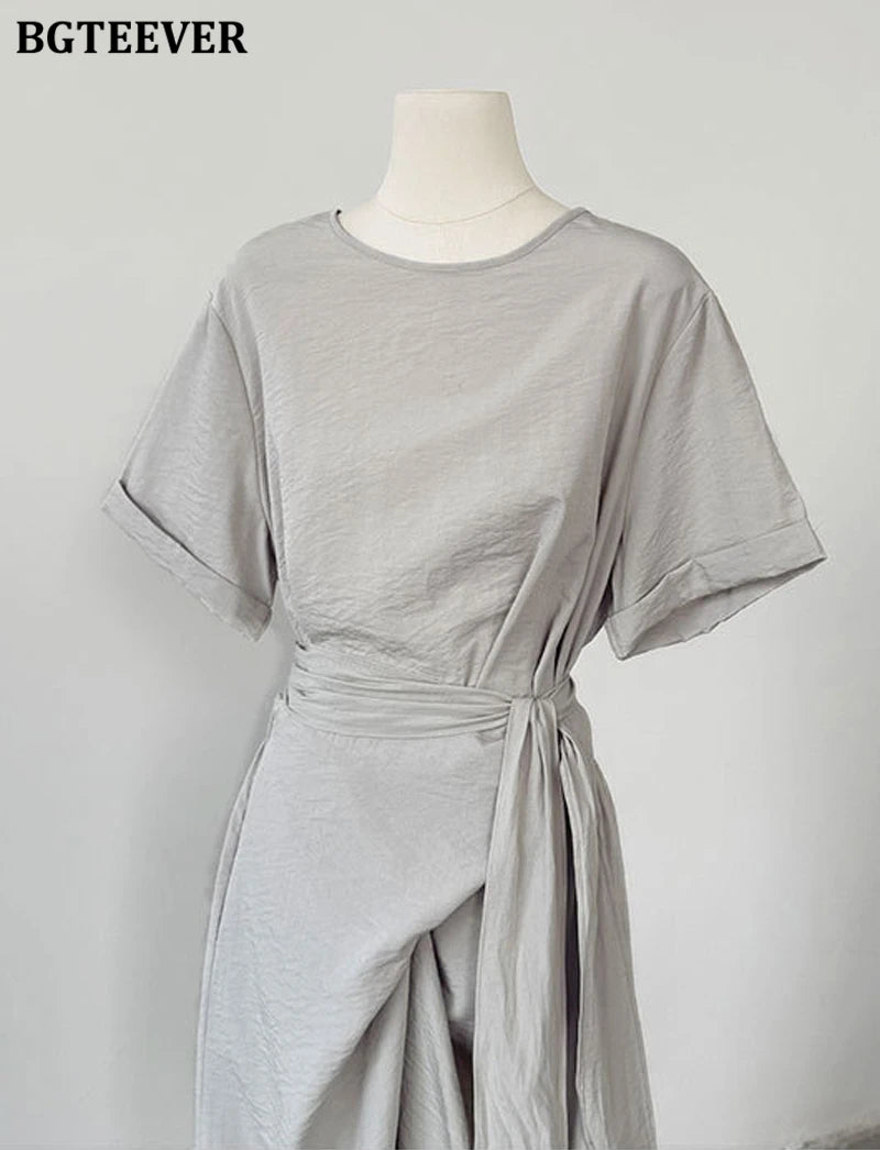 BGTEEVER Summer A-Line Dress | Slim Waist O-Neck Mid-Length
