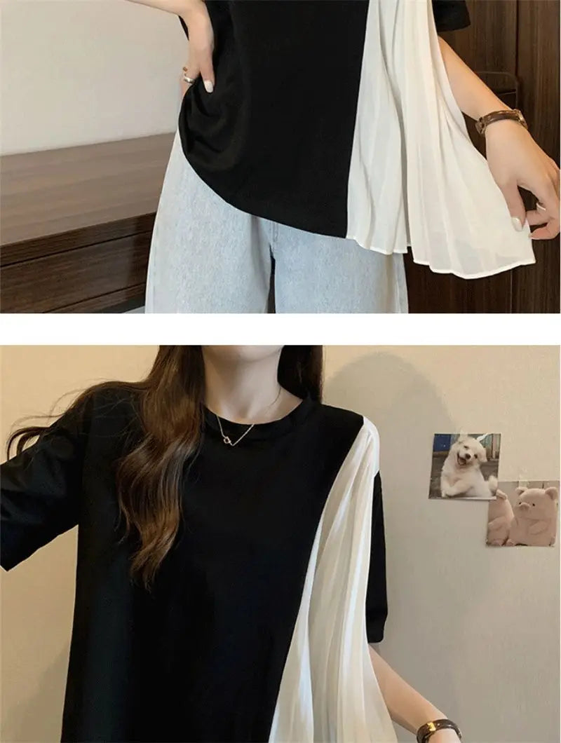Contrasting Colors Pleats Chiffon Patchwork T-shirt