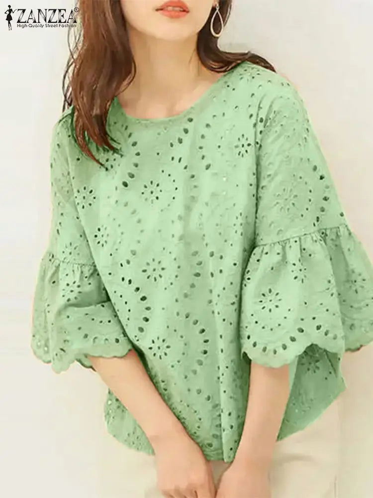 ZANZEA 3/4 Sleeve Hollow Out Elegant Lace Crochet  Loose Embroidery Blouse