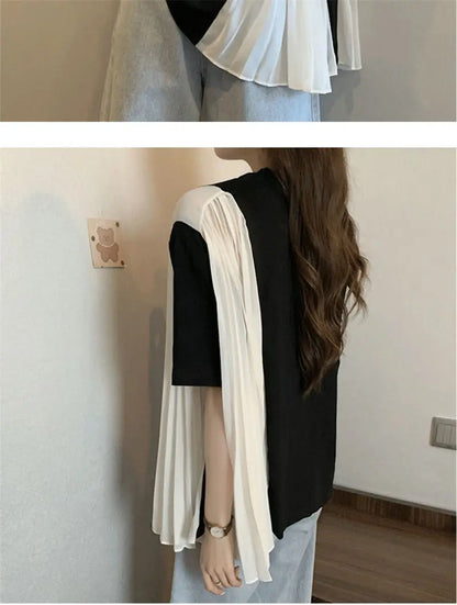Contrasting Colors Pleats Chiffon Patchwork T-shirt
