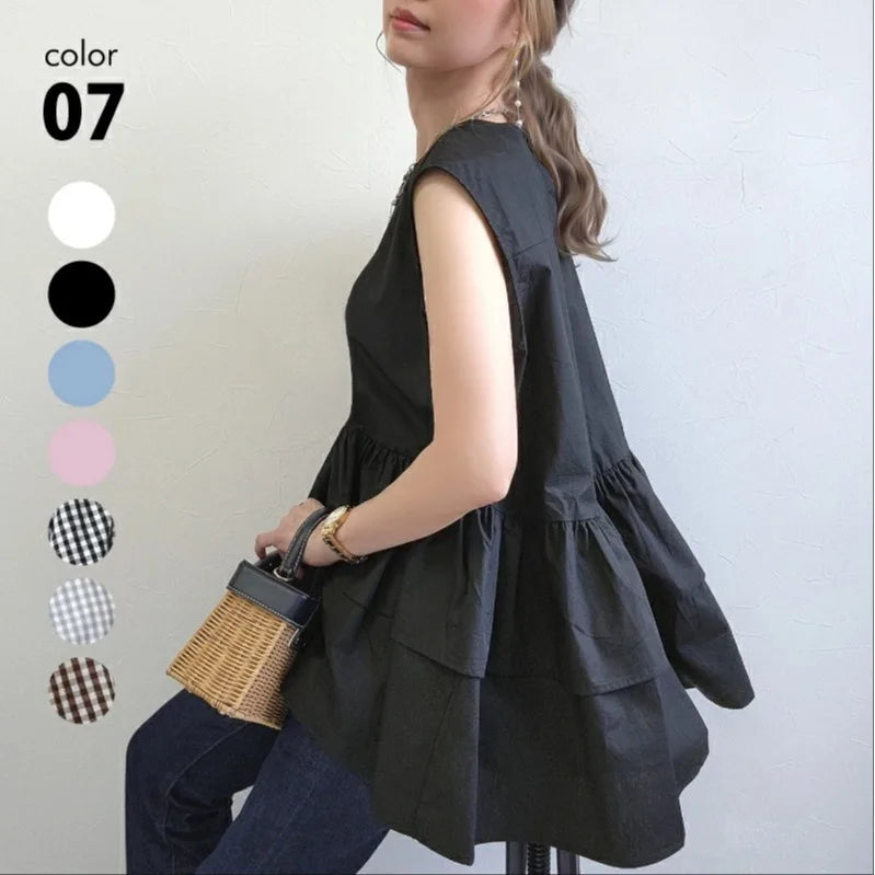 Japanese Style Ruffle Vest Top | Loose Fit Layered Blouse -  Écru Doux