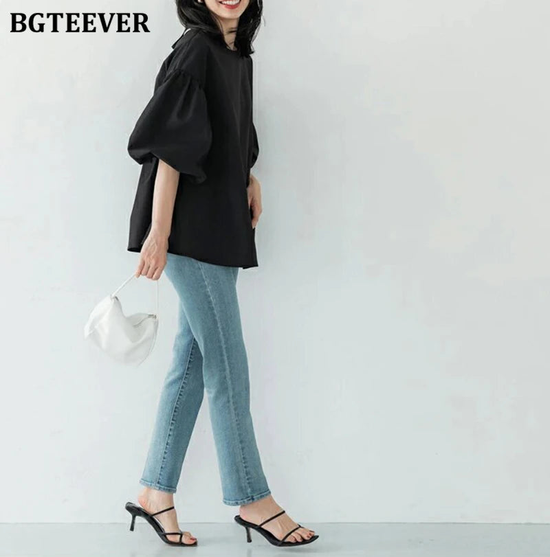 BGTEEVER Vintage Puff Sleeve Blouse | Spring Summer Lace-Up