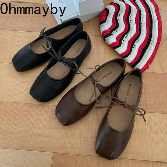 Soft Leather Ballet Flats with Butterfly Knot for Women