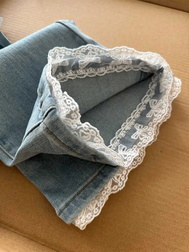 Kawaii Lace Spliced Micro Flared Slim Denim Pants For Spring/Summer