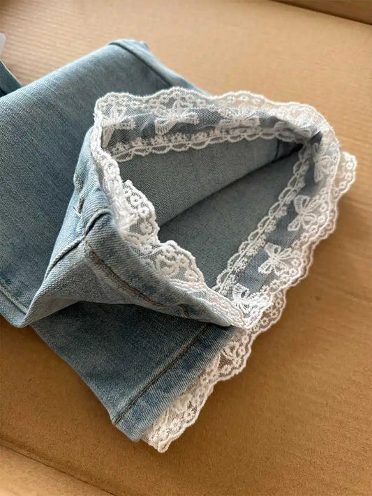 Kawaii Lace Spliced Micro Flared Slim Denim Pants For Spring/Summer