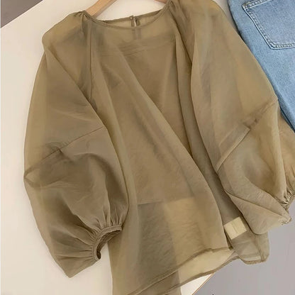 Women Summer Vintage Elegant Breathable Pullovers Thin Style Blouse