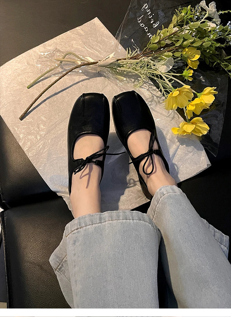 Soft Leather Ballet Flats with Butterfly Knot for Women