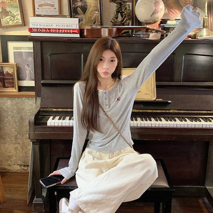 Long Sleeves O-neck T-shirt with Fake Two-piece Top