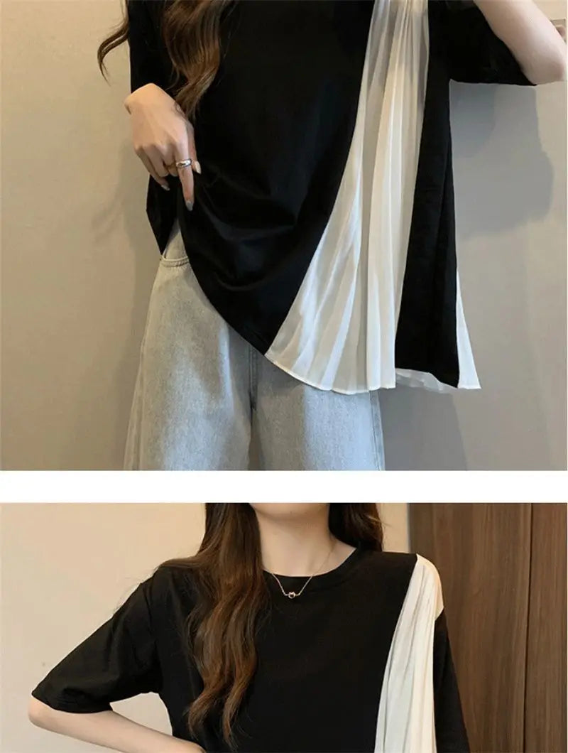 Contrasting Colors Pleats Chiffon Patchwork T-shirt