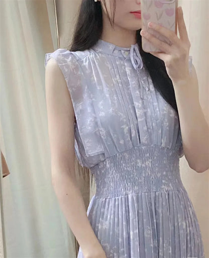 Kuzuwata Print High Waist Robe New Gentle Literary Lace Up Pleated Slim Japanese Elegant Dress