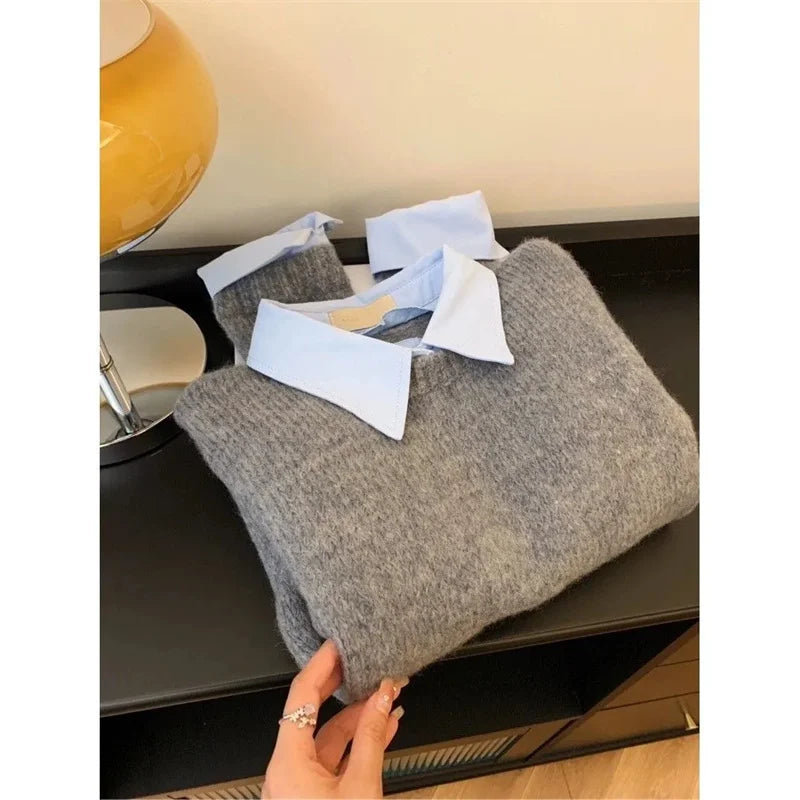 Women Grey Autumn Outfit New Lazy Linterior Contrasting Colour Sweater with Fake Collar