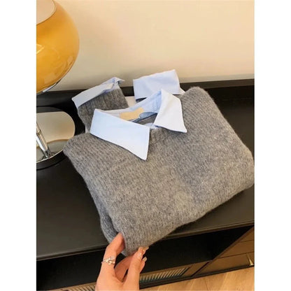 Women Grey Autumn Outfit New Lazy Linterior Contrasting Colour Sweater with Fake Collar