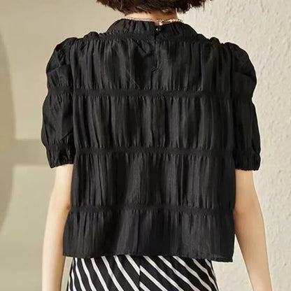 Crew Neck Pullover Puff Short Sleeve Shirring T-shirt Office Lady Chic Tops