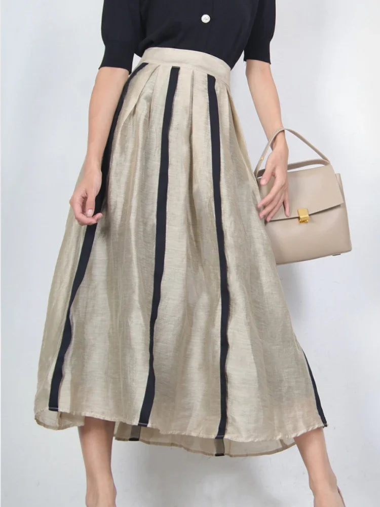 French Style Elegant A-LINE Pleated Striped Hepburn Skirt