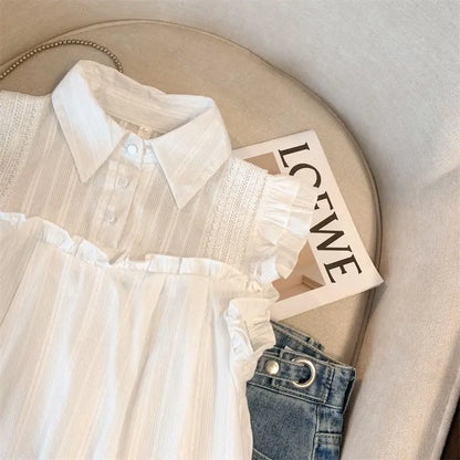 Women Kawaii Sleeveless Blouses with Solid Lace Ruffles Japanese Style