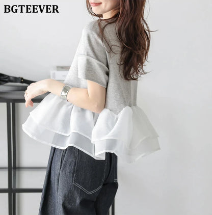 Japanese Style Short-Sleeved Ruffles Splicing T-Shirts