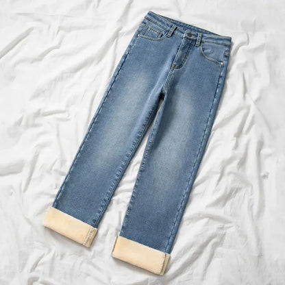 Autumn / Winter High Street Super Warm Thick Fleece Vaqueros Ankle Straight Jeans