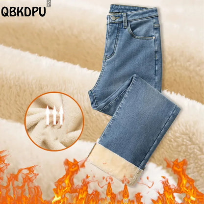 Autumn / Winter High Street Super Warm Thick Fleece Vaqueros Ankle Straight Jeans