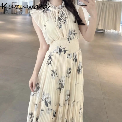 Kuzuwata Print High Waist Robe New Gentle Literary Lace Up Pleated Slim Japanese Elegant Dress