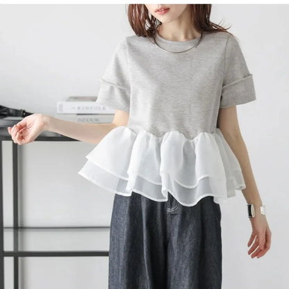 Japanese Style Short-Sleeved Ruffles Splicing T-Shirts