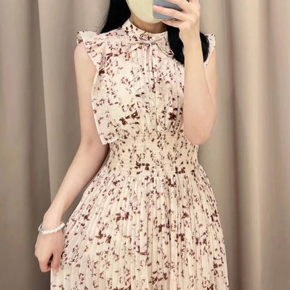 Kuzuwata Print High Waist Robe New Gentle Literary Lace Up Pleated Slim Japanese Elegant Dress