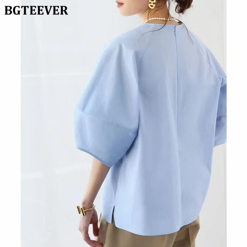 BGTEEVER Casual Puff Sleeve Blouse | Summer O-Neck Loose Top