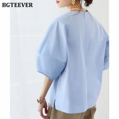 BGTEEVER Casual Puff Sleeve Blouse | Summer O-Neck Loose Top
