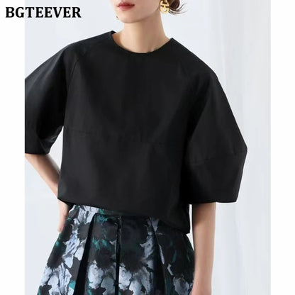 BGTEEVER Casual Puff Sleeve Blouse | Summer O-Neck Loose Top