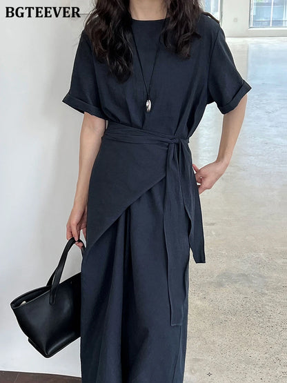 BGTEEVER Summer A-Line Dress | Slim Waist O-Neck Mid-Length