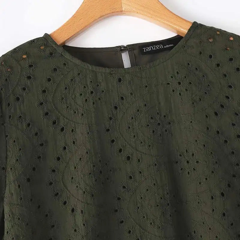 ZANZEA 3/4 Sleeve Hollow Out Elegant Lace Crochet  Loose Embroidery Blouse