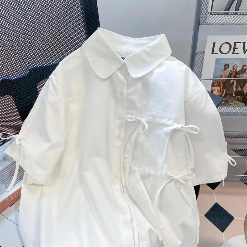 Women Japanese Bow Doll Neck White  Blouse Elegance Crop Top