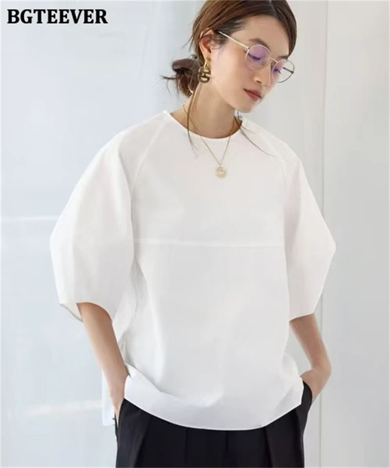 BGTEEVER Casual Puff Sleeve Blouse | Summer O-Neck Loose Top